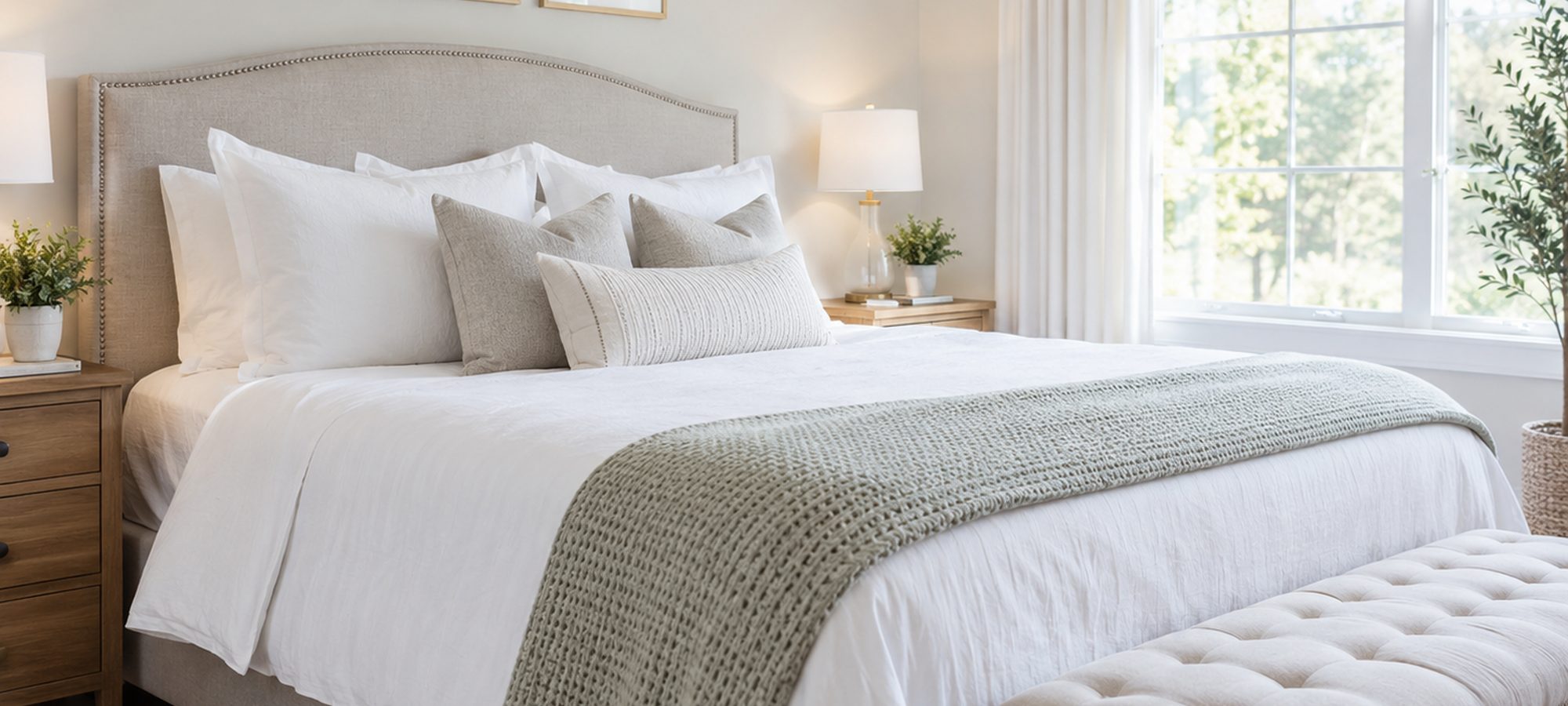 A freshly made bed in a bright, tidy bedroom